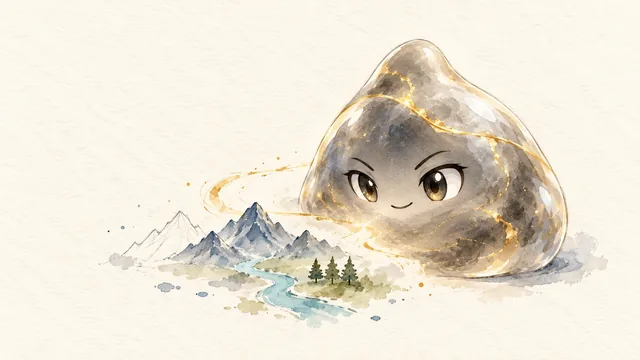 Atlas, el slime máster, crea montañas, un río y árboles en un mapa pintado en acuarela.