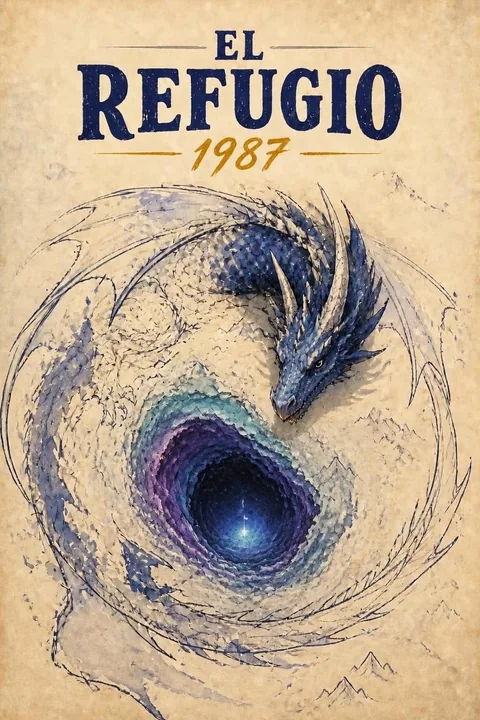 Portada de El Refugio 1987: un dragón pintado en acuarela rodea un portal sobre un mapa.